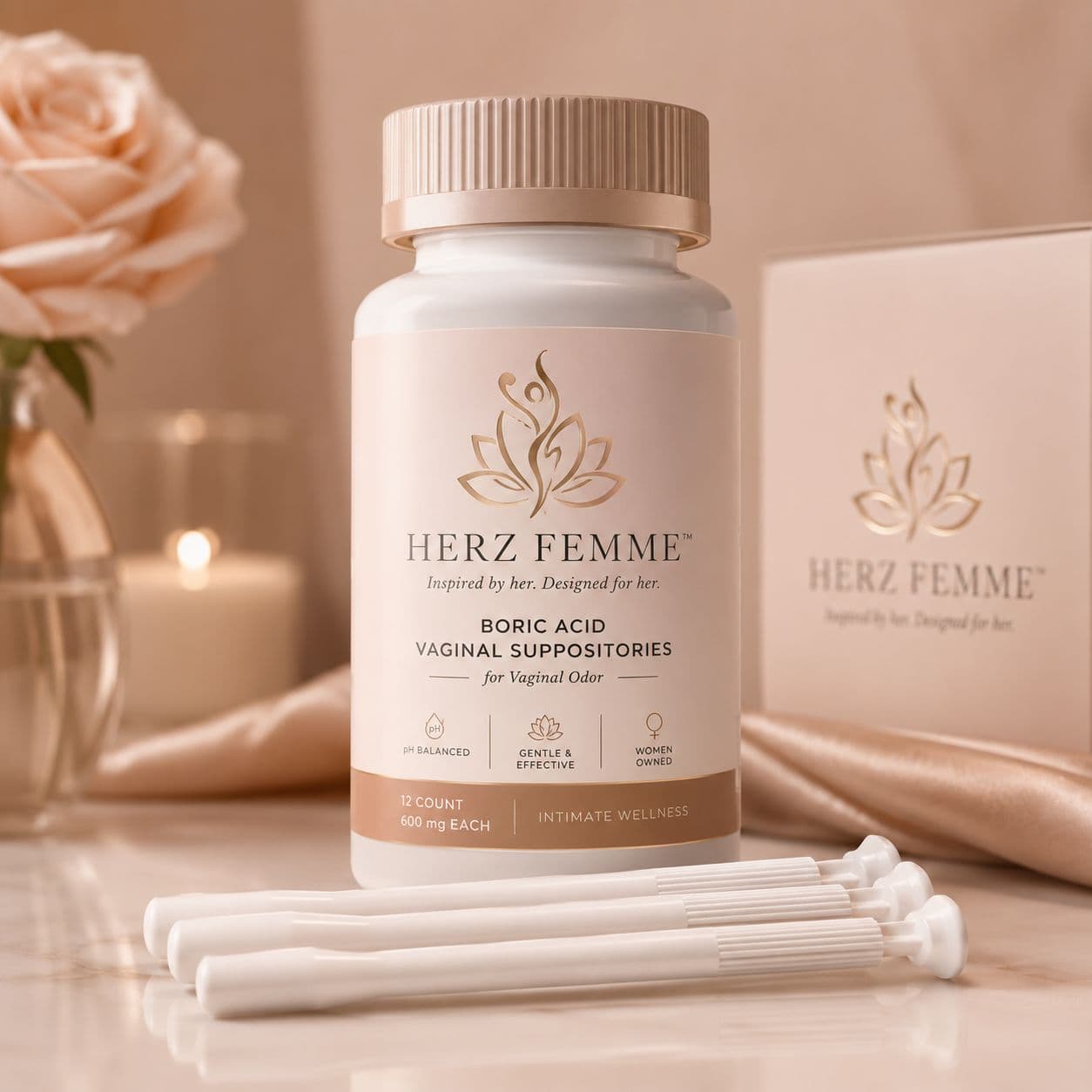 Herz Femme Boric Acid Vaginal Suppositories with roses and candlelight