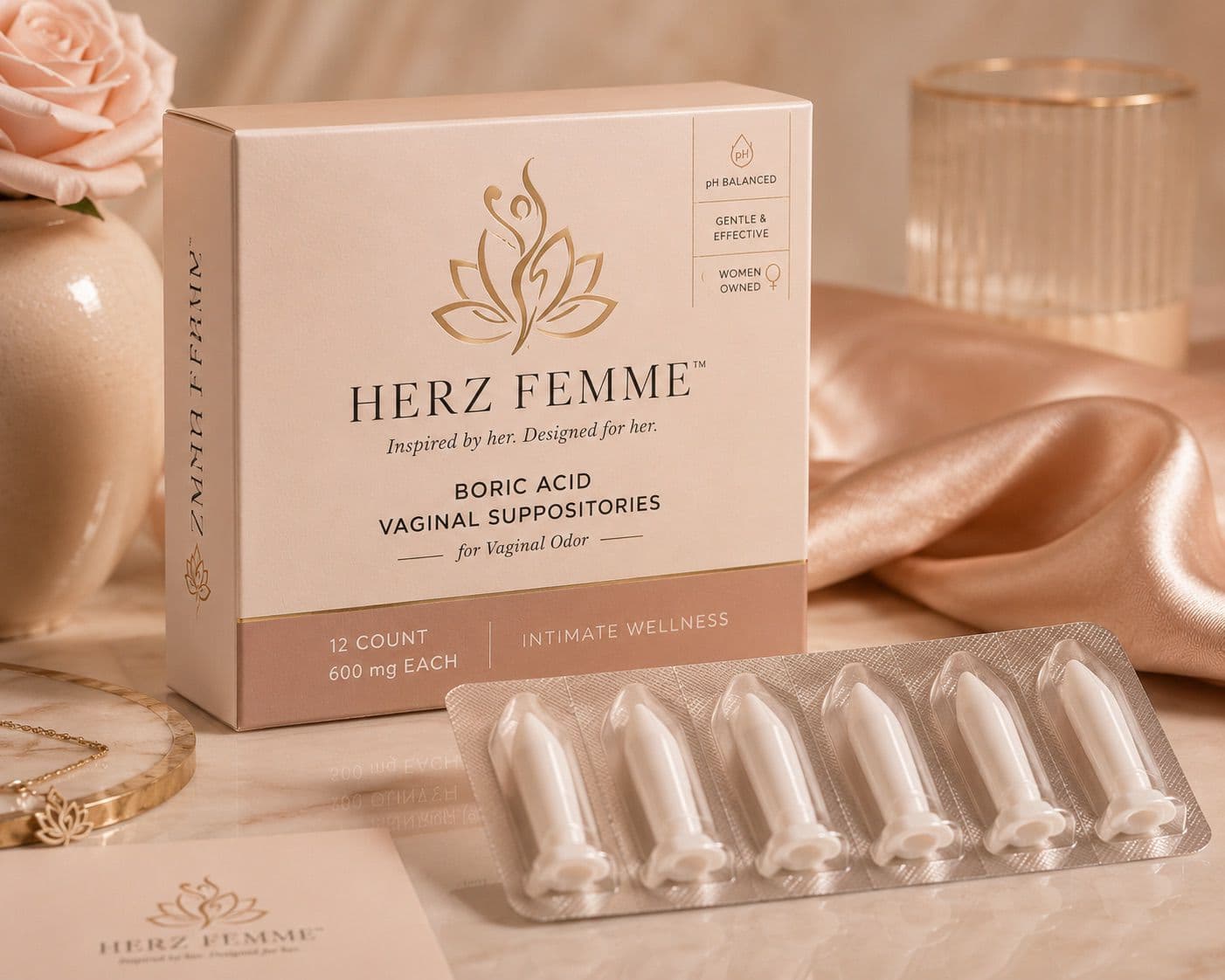 Herz Femme packaging with roses, candlelight, and a keepsake note card
